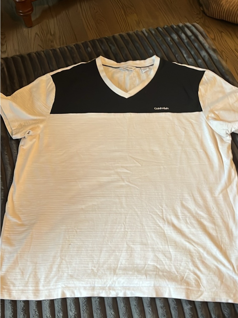 Calvin Klein White V-Neck Shirt with Black Yoke